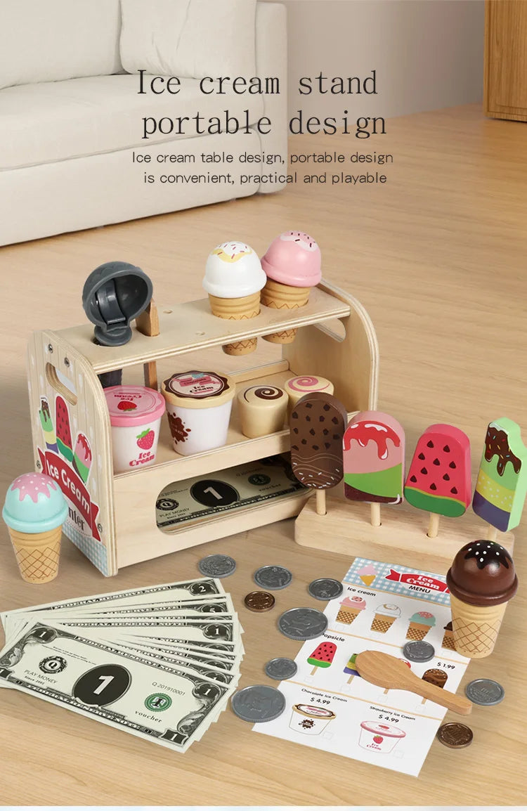 Ice Cream Cart Toy Set - Includes Ice Cream Cones Ice Cream Scoop And Toppings - Perfect Gift For Pretend Play Party Games
