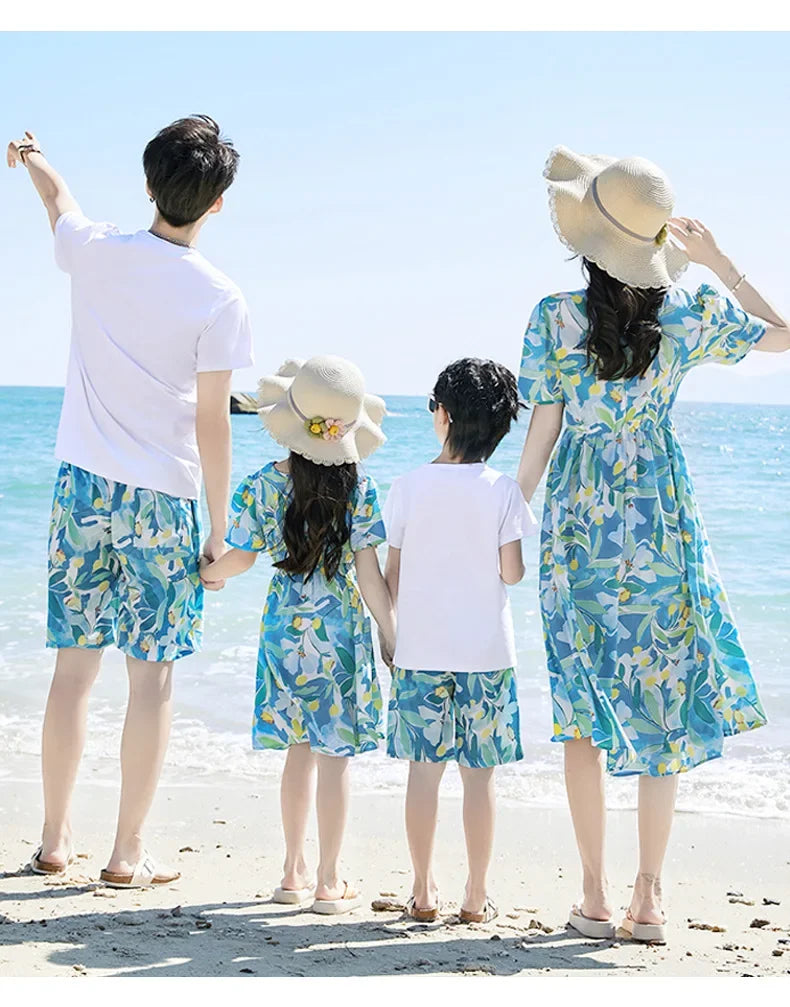 Parent-child Matching Beach Couple Daughter Same Dress Father Son Shirts SetClothes Summer Vacation Look Family Clothing Mother