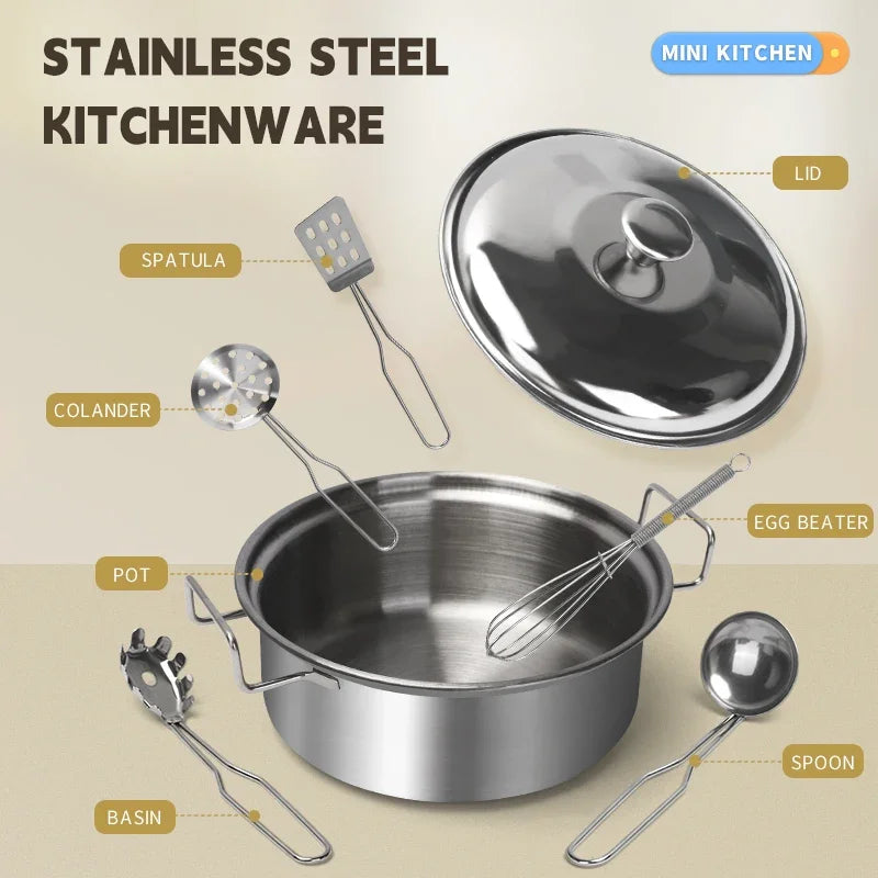 Stainless Steel Kids Kitchen Toy Set with Real Metal Cooking Utensils Pots Pans - Pretend Play Accessories for Kid Birthday Gift