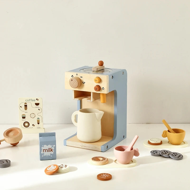 Kids Kitchen Toy Set Wooden Coffee Maker Set Simulation Cookie Maker Kit Pretend Play Educational Toy Block Educational Toy Gift