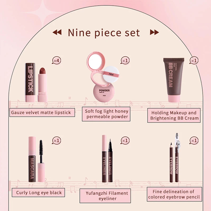 Gift Box 9-piece Lipstick Powder Mascara Eyebrow Pencil Set