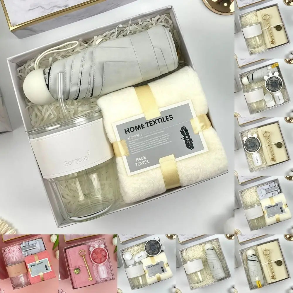 3 IN 1 Souvenir Gift Set Fan/Towel/Cup with Paper Bag Practical Gift Sets Luxury Stylish Design Gift Box Set Personalized Gifts