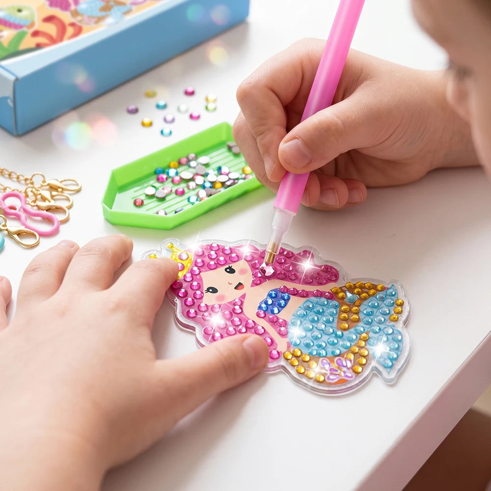 Kids DIY 5D Gem Keychain Painting Set 15 Cartoon Mermaid Sea Animal Diamond Art Handicraft Toy Girls Creative Gift