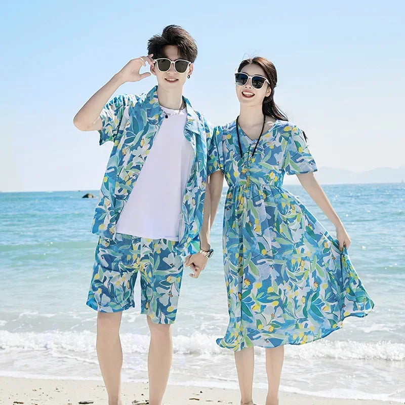 Parent-child Matching Beach Couple Daughter Same Dress Father Son Shirts SetClothes Summer Vacation Look Family Clothing Mother
