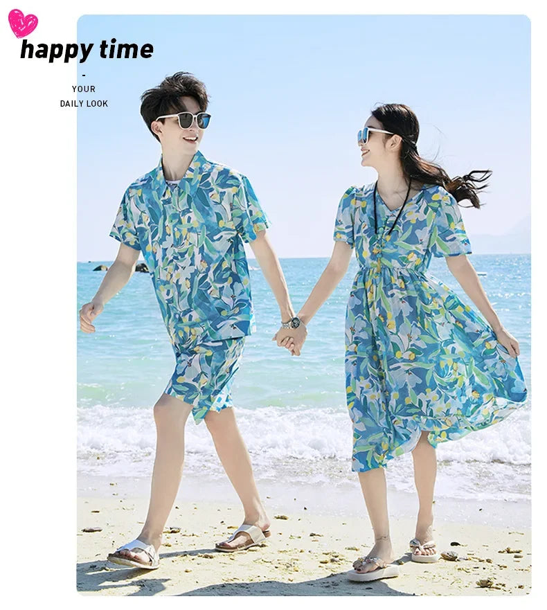Parent-child Matching Beach Couple Daughter Same Dress Father Son Shirts SetClothes Summer Vacation Look Family Clothing Mother