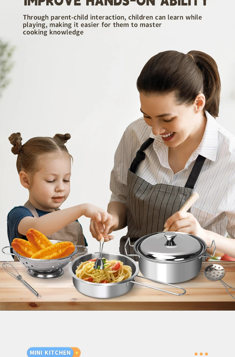 Stainless Steel Kids Kitchen Toy Set with Real Metal Cooking Utensils Pots Pans - Pretend Play Accessories for Kid Birthday Gift