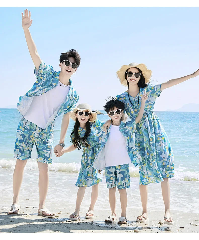 Parent-child Matching Beach Couple Daughter Same Dress Father Son Shirts SetClothes Summer Vacation Look Family Clothing Mother