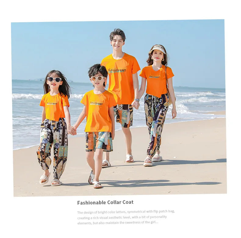 Family Matching Sets Mom Daughter Pants and T Shirt 2 Pieces Suit Dad Son Tops Shorts Two Piece Outfits Parent-child Clothing