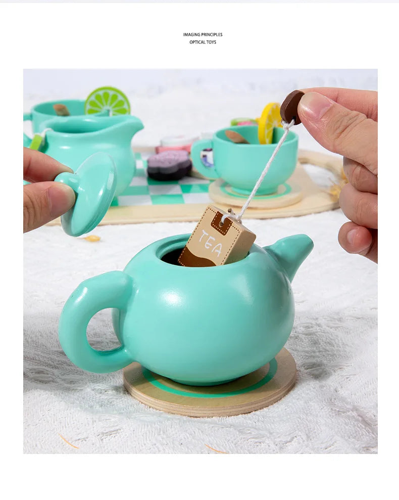 Wooden Tea Set Toys Pretend Play Food Kitchen Accessories Kids Tea Time Party Food Toy for 3 4 5 6 Year Girls Boys Children Gift