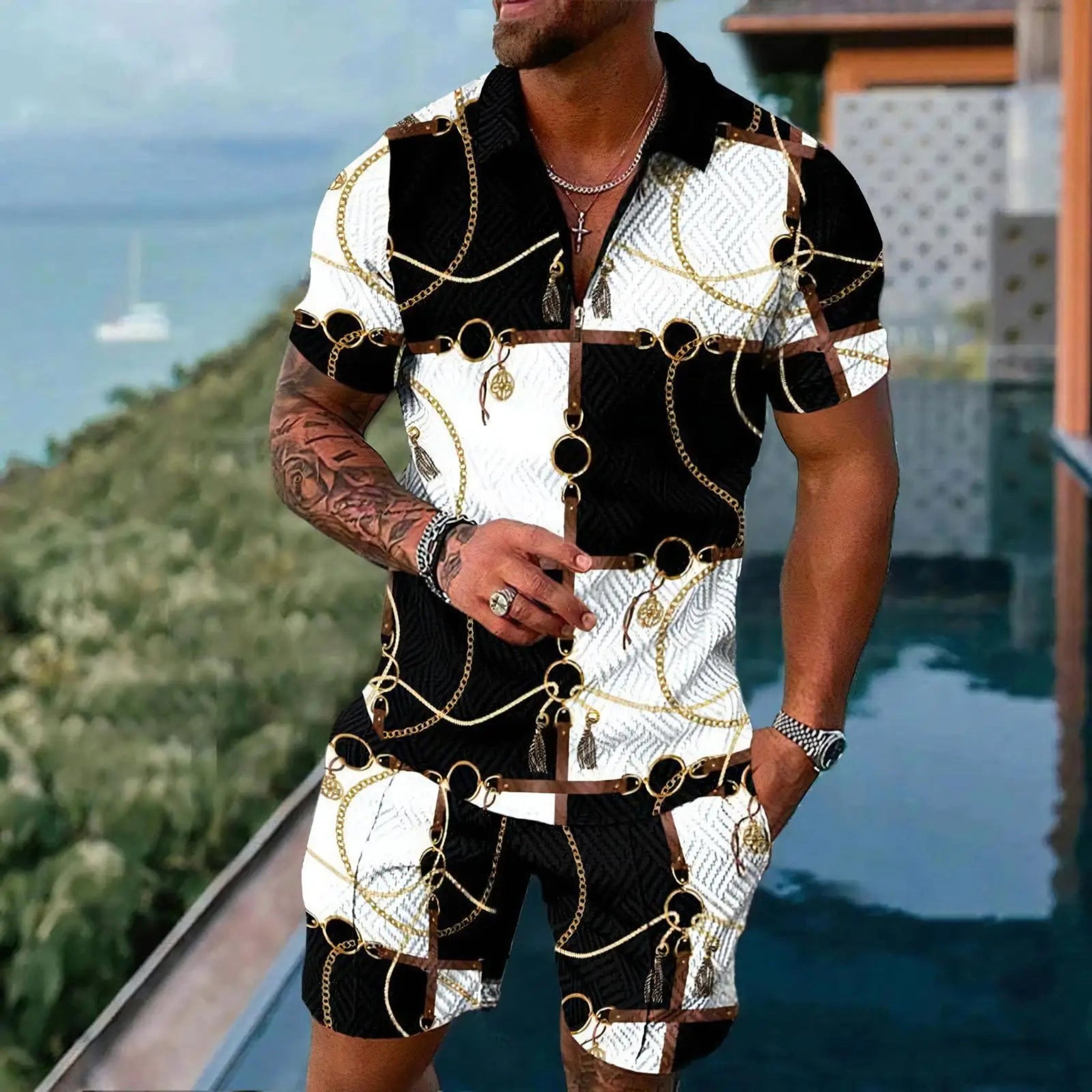 Gold Luxury Pattern Men's Polo Shirts Set