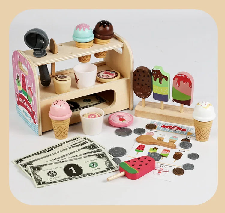Ice Cream Cart Toy Set - Includes Ice Cream Cones Ice Cream Scoop And Toppings - Perfect Gift For Pretend Play Party Games