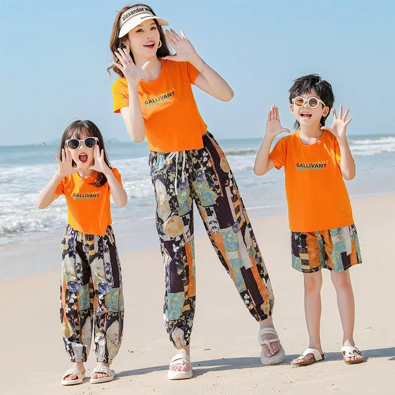 Family Matching Sets Mom Daughter Pants and T Shirt 2 Pieces Suit Dad Son Tops Shorts Two Piece Outfits Parent-child Clothing