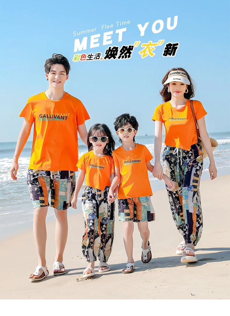 Family Matching Sets Mom Daughter Pants and T Shirt 2 Pieces Suit Dad Son Tops Shorts Two Piece Outfits Parent-child Clothing