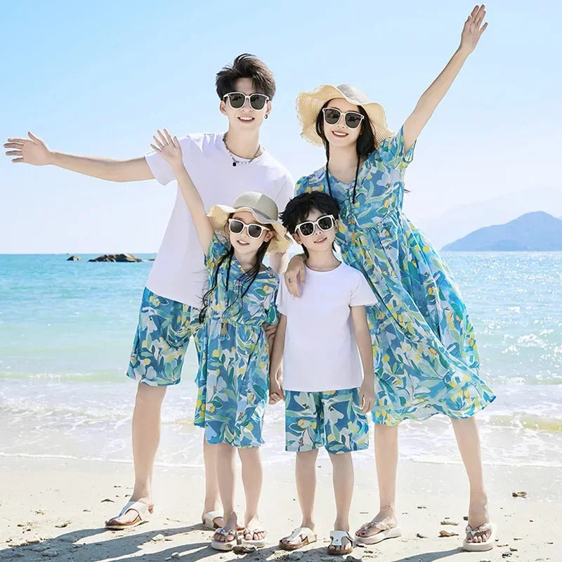 Parent-child Matching Beach Couple Daughter Same Dress Father Son Shirts SetClothes Summer Vacation Look Family Clothing Mother