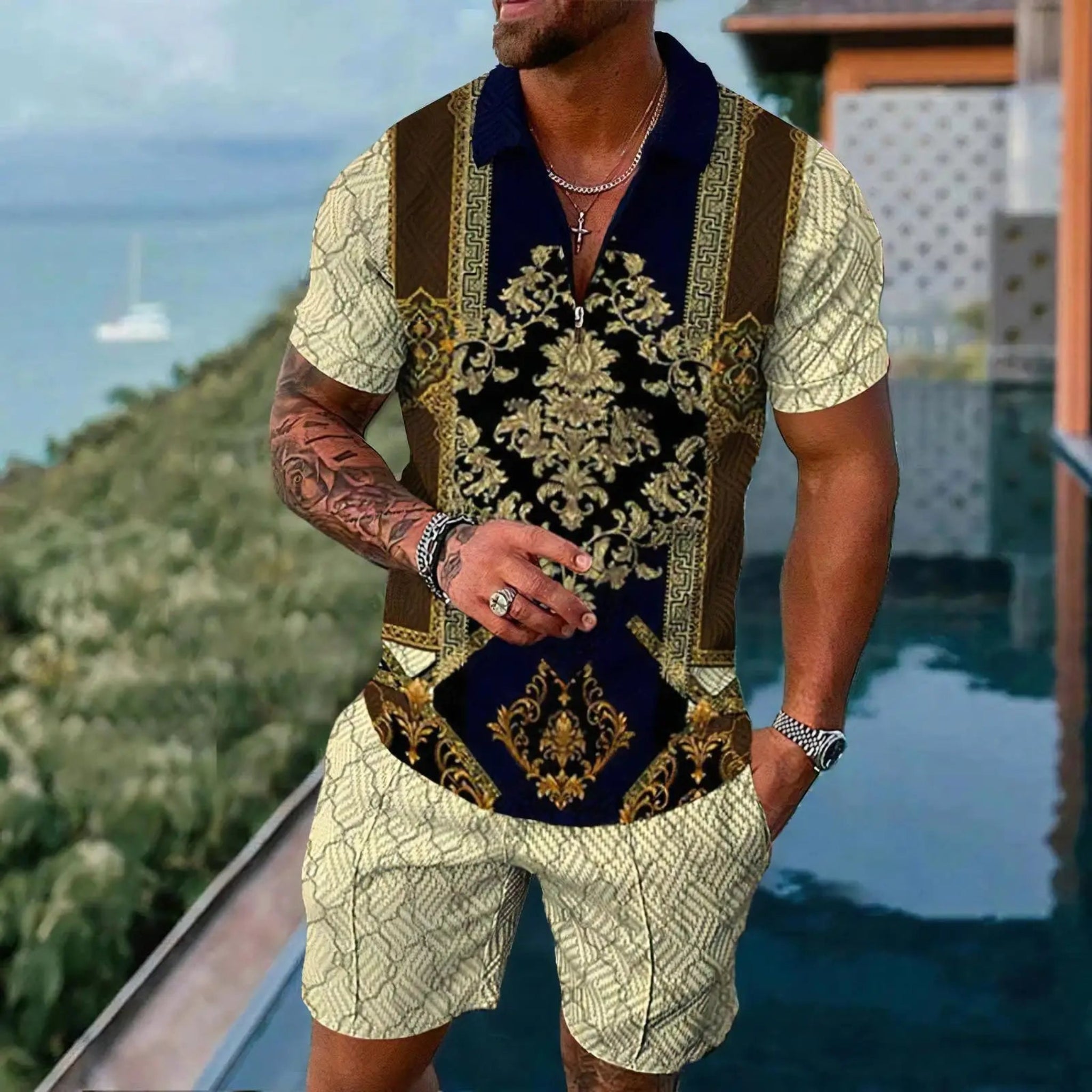 Gold Luxury Pattern Men's Polo Shirts Set