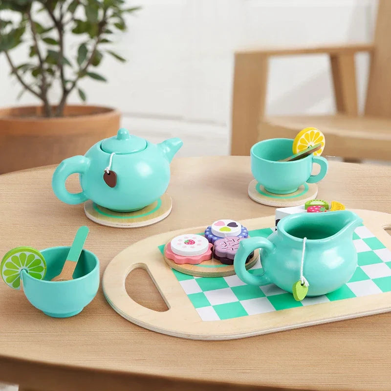 Wooden Tea Set Toys Pretend Play Food Kitchen Accessories Kids Tea Time Party Food Toy for 3 4 5 6 Year Girls Boys Children Gift