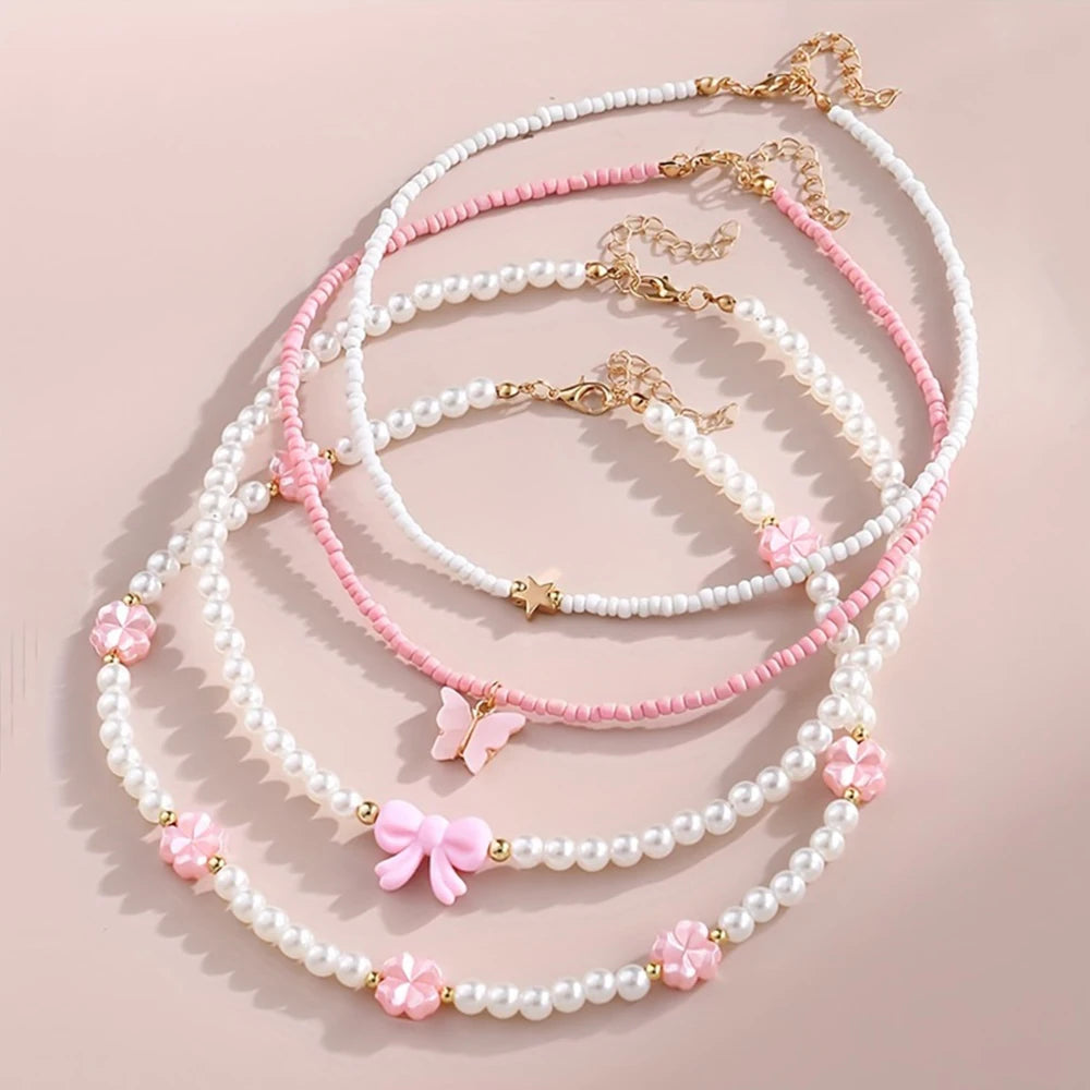 Butterfly Heart Flower Pearl & Beaded Handmade Necklace Set