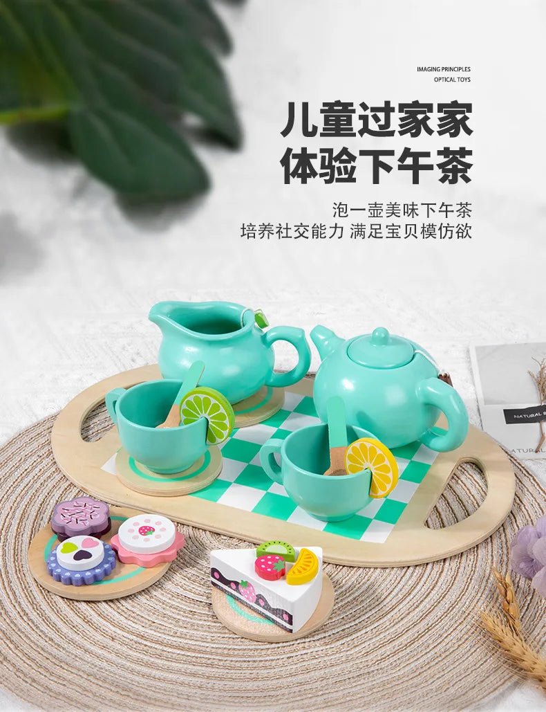 Wooden Tea Set Toys Pretend Play Food Kitchen Accessories Kids Tea Time Party Food Toy for 3 4 5 6 Year Girls Boys Children Gift