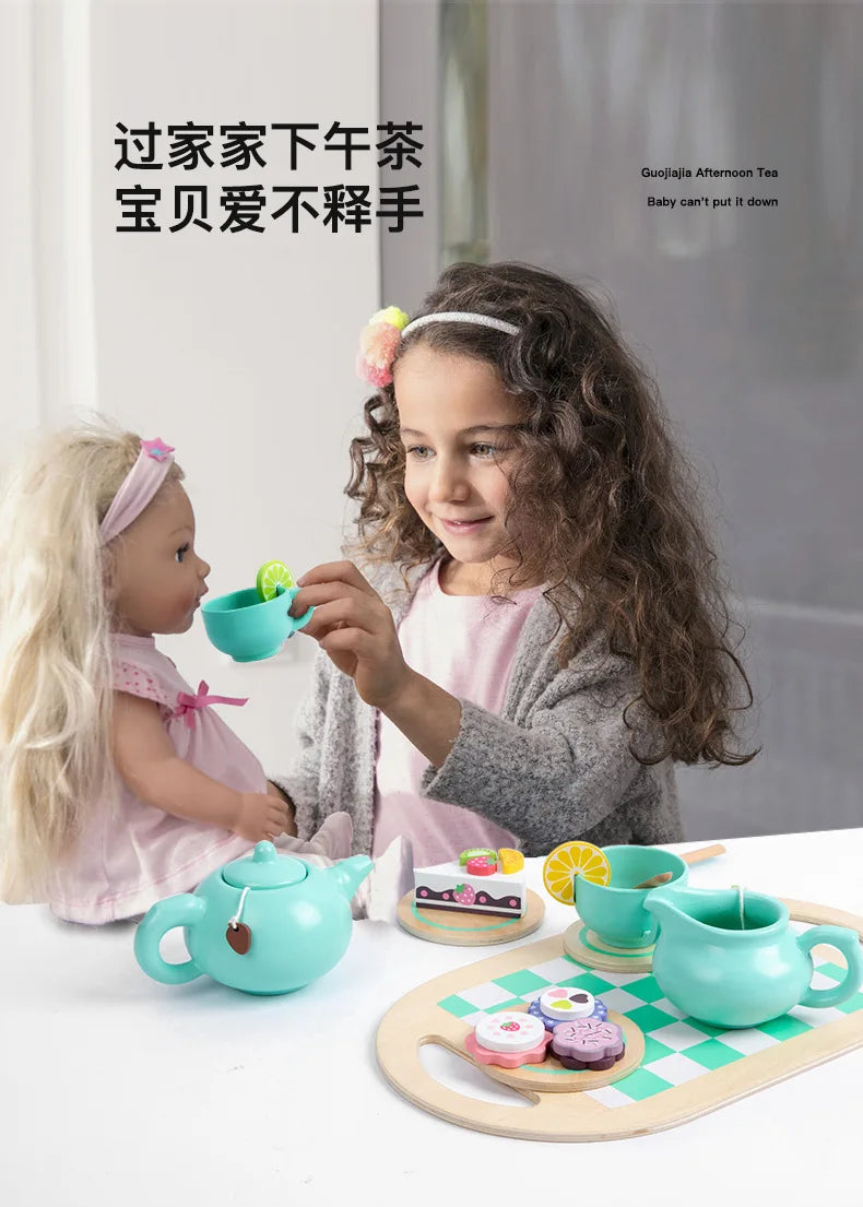 Wooden Tea Set Toys Pretend Play Food Kitchen Accessories Kids Tea Time Party Food Toy for 3 4 5 6 Year Girls Boys Children Gift