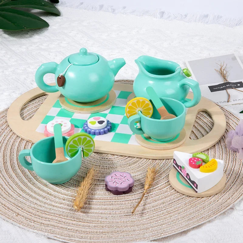 Wooden Tea Set Toys Pretend Play Food Kitchen Accessories Kids Tea Time Party Food Toy for 3 4 5 6 Year Girls Boys Children Gift