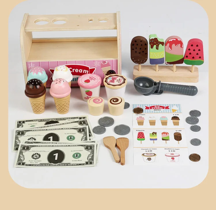 Ice Cream Cart Toy Set - Includes Ice Cream Cones Ice Cream Scoop And Toppings - Perfect Gift For Pretend Play Party Games