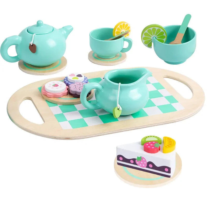 Wooden Tea Set Toys Pretend Play Food Kitchen Accessories Kids Tea Time Party Food Toy for 3 4 5 6 Year Girls Boys Children Gift