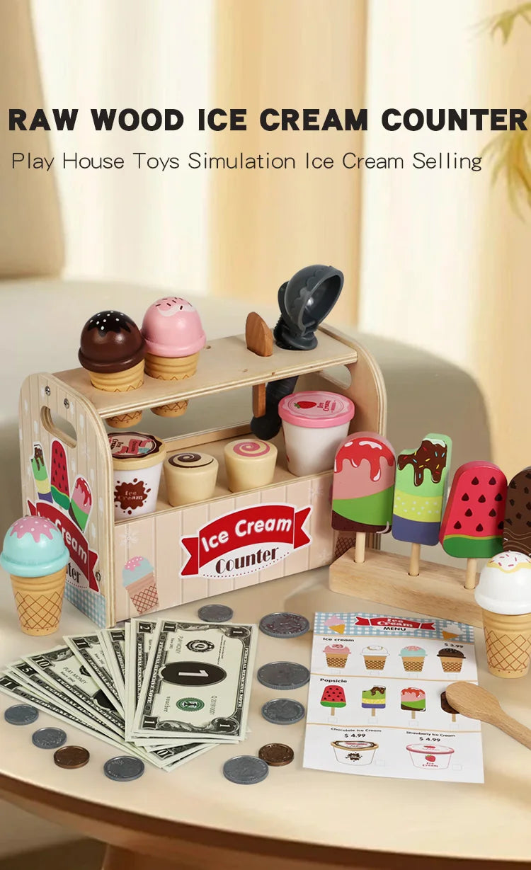 Ice Cream Cart Toy Set - Includes Ice Cream Cones Ice Cream Scoop And Toppings - Perfect Gift For Pretend Play Party Games