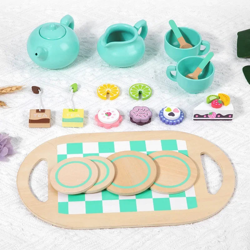 Wooden Tea Set Toys Pretend Play Food Kitchen Accessories Kids Tea Time Party Food Toy for 3 4 5 6 Year Girls Boys Children Gift