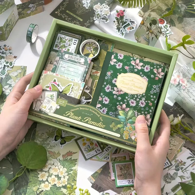 Nature-Themed Plant Material Journal Gift Box Set with Stickers And a Notebook for Quick Notes in a Salt Aesthetic Style.