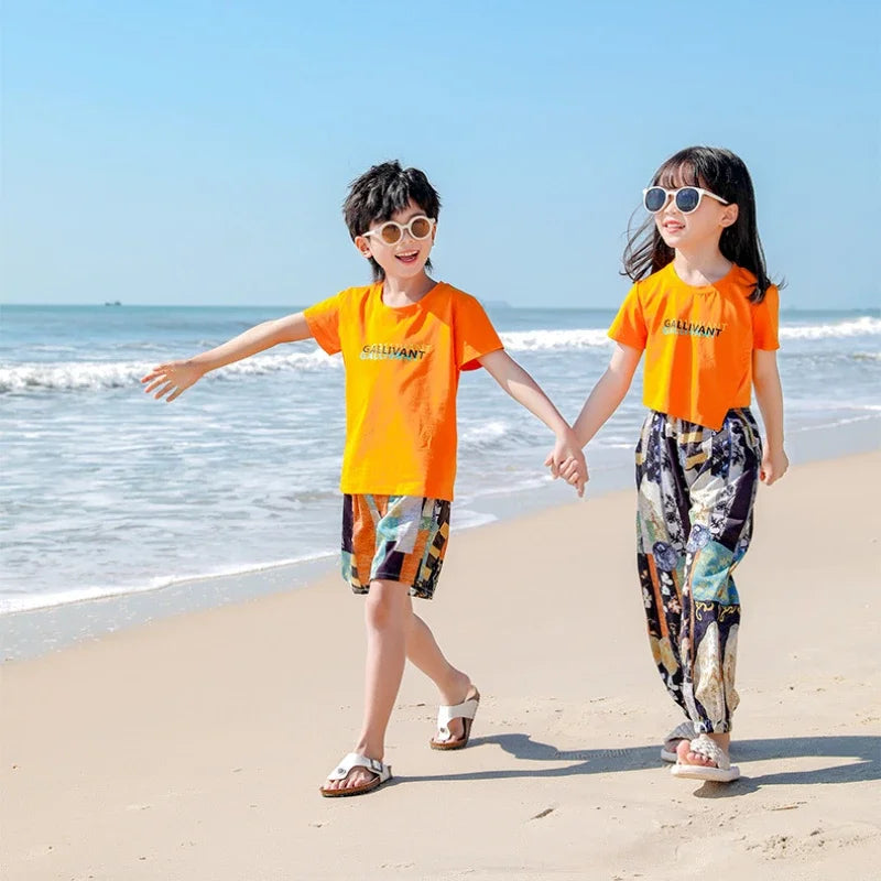 Family Matching Sets Mom Daughter Pants and T Shirt 2 Pieces Suit Dad Son Tops Shorts Two Piece Outfits Parent-child Clothing