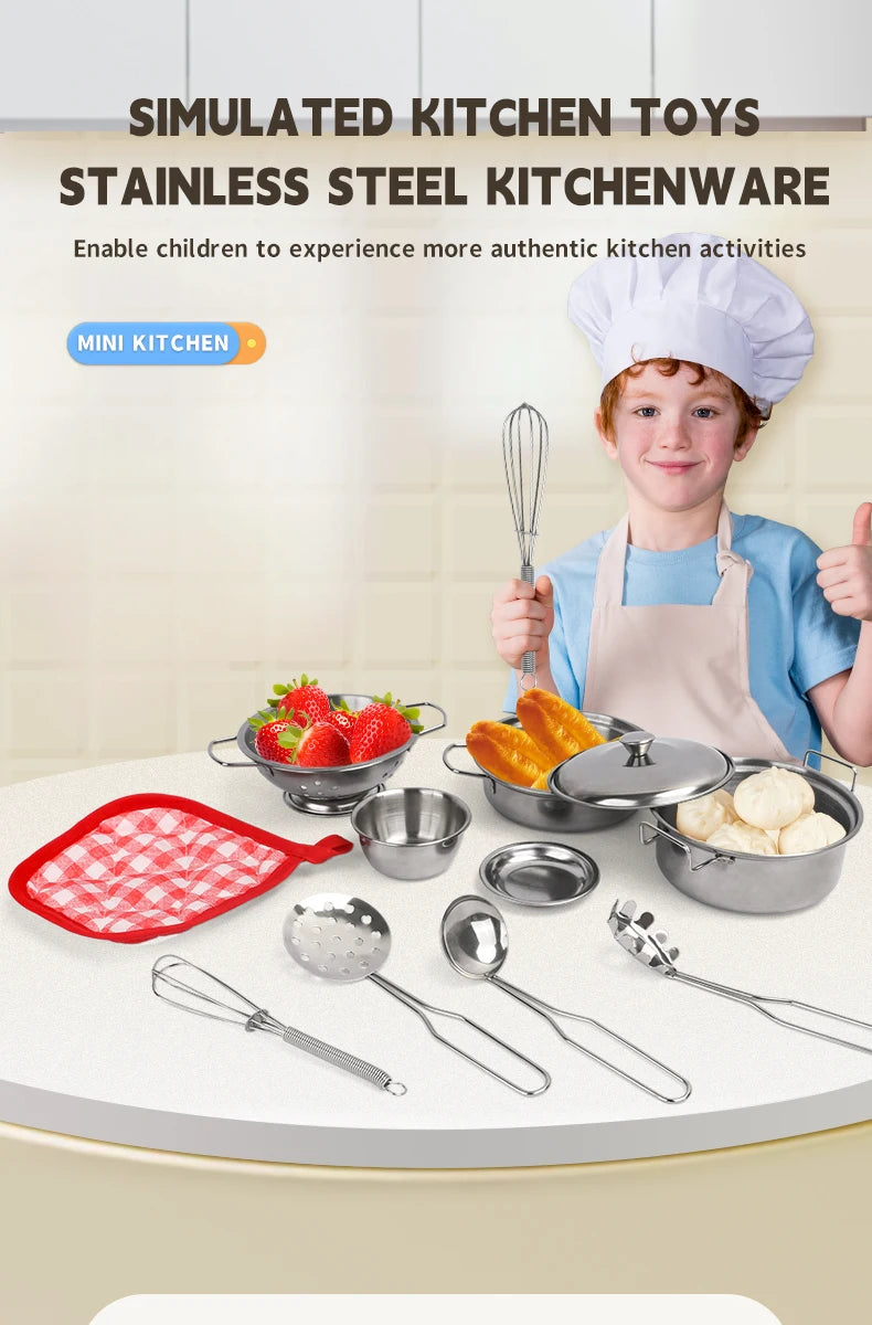 Stainless Steel Kids Kitchen Toy Set with Real Metal Cooking Utensils Pots Pans - Pretend Play Accessories for Kid Birthday Gift