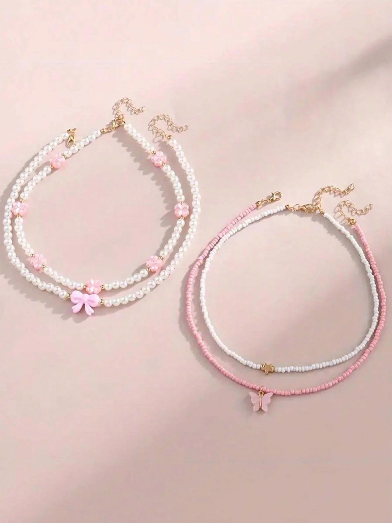 Butterfly Heart Flower Pearl & Beaded Handmade Necklace Set
