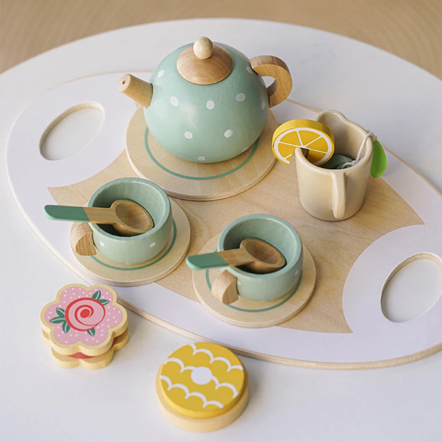 Wooden Afternoon Tea Set Toy Pretend Play Food Learning Role Play Game Early Educational Toys for Toddlers Girls Boys Kids Gifts