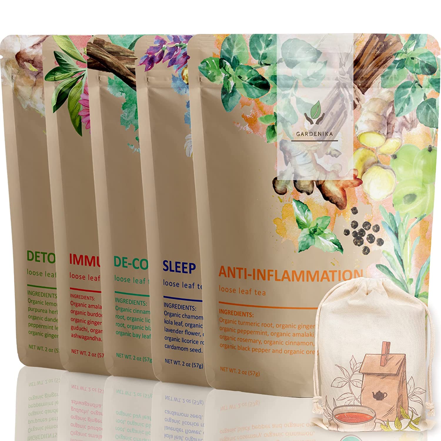 Herbal Tea Sampler, Organic Loose Leaf Herbal Gift Set, 5 Pack