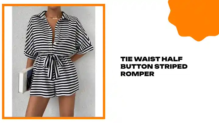 Tie Waist Half Button Striped Romper by@Outfy