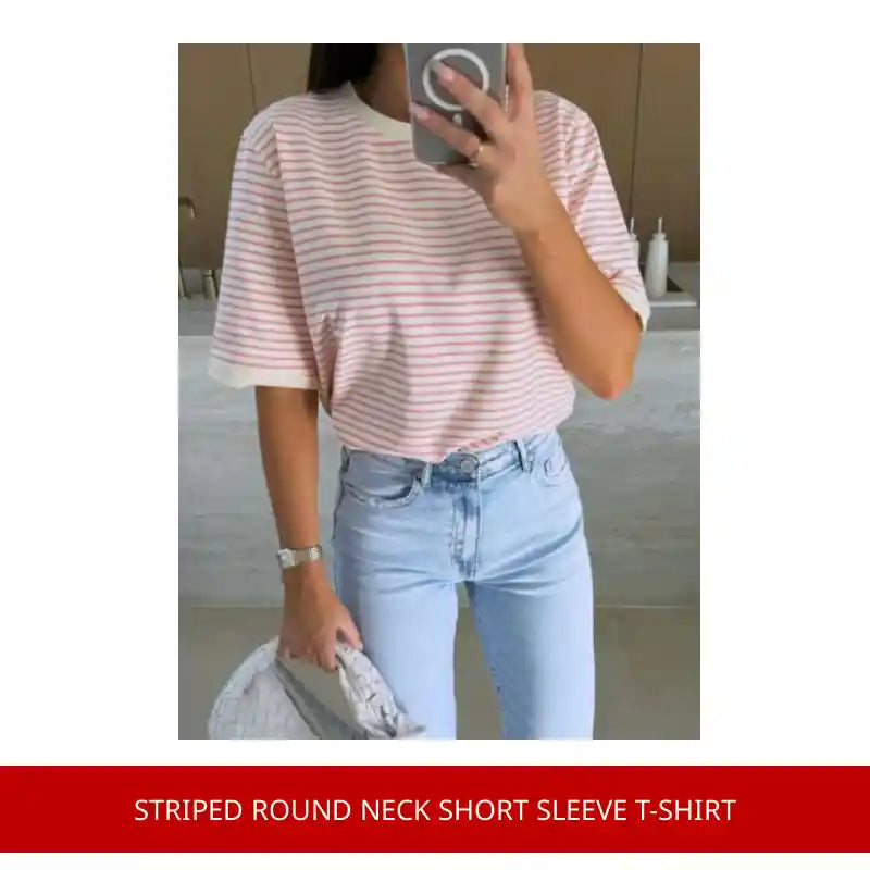 Striped Round Neck Short Sleeve T-Shirt by@Outfy