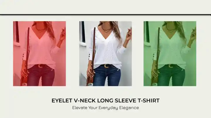 Eyelet V-Neck Long Sleeve T-Shirt by@Outfy