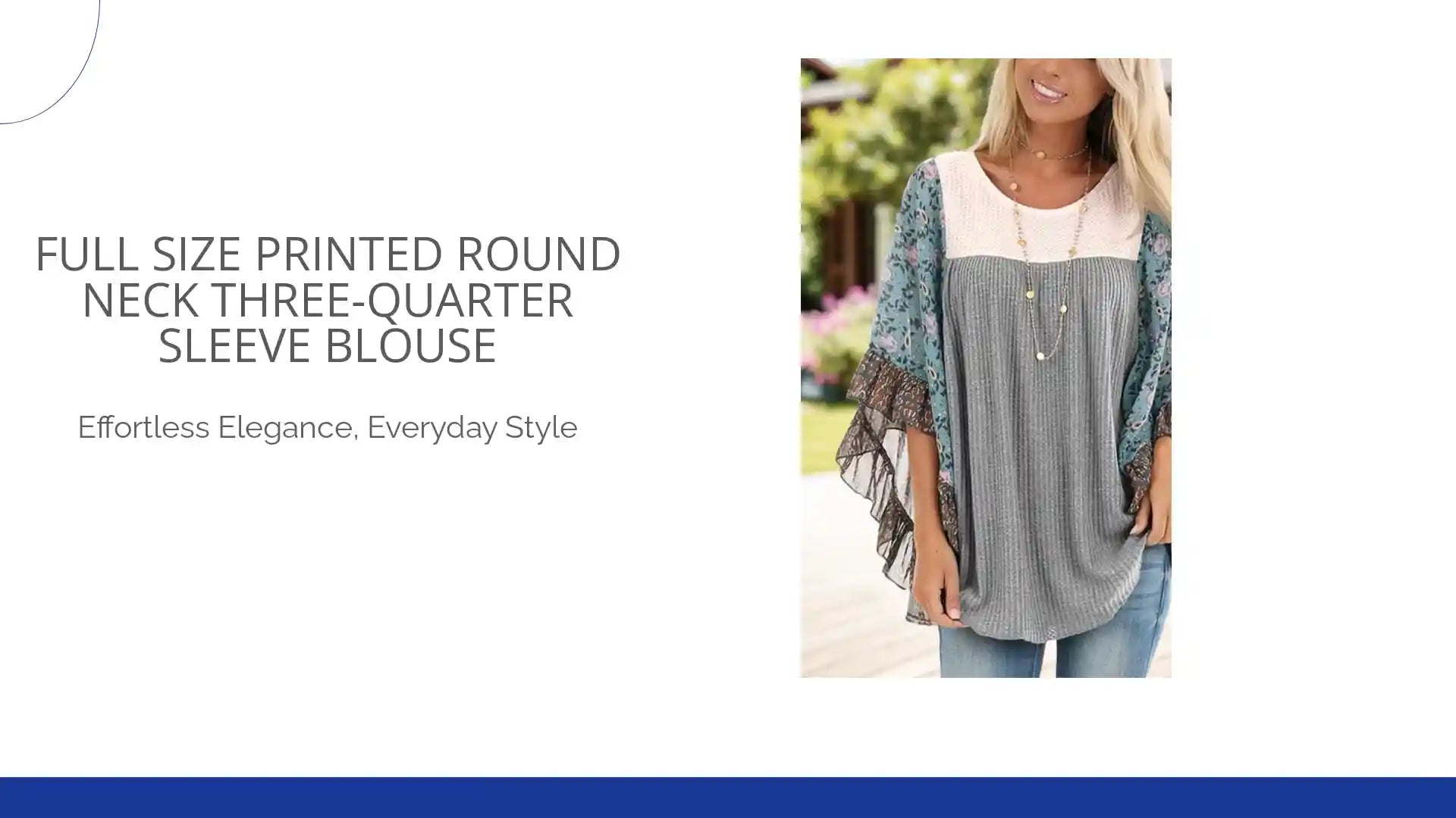 Full Size Printed Round Neck Three-Quarter Sleeve Blouse by@Outfy