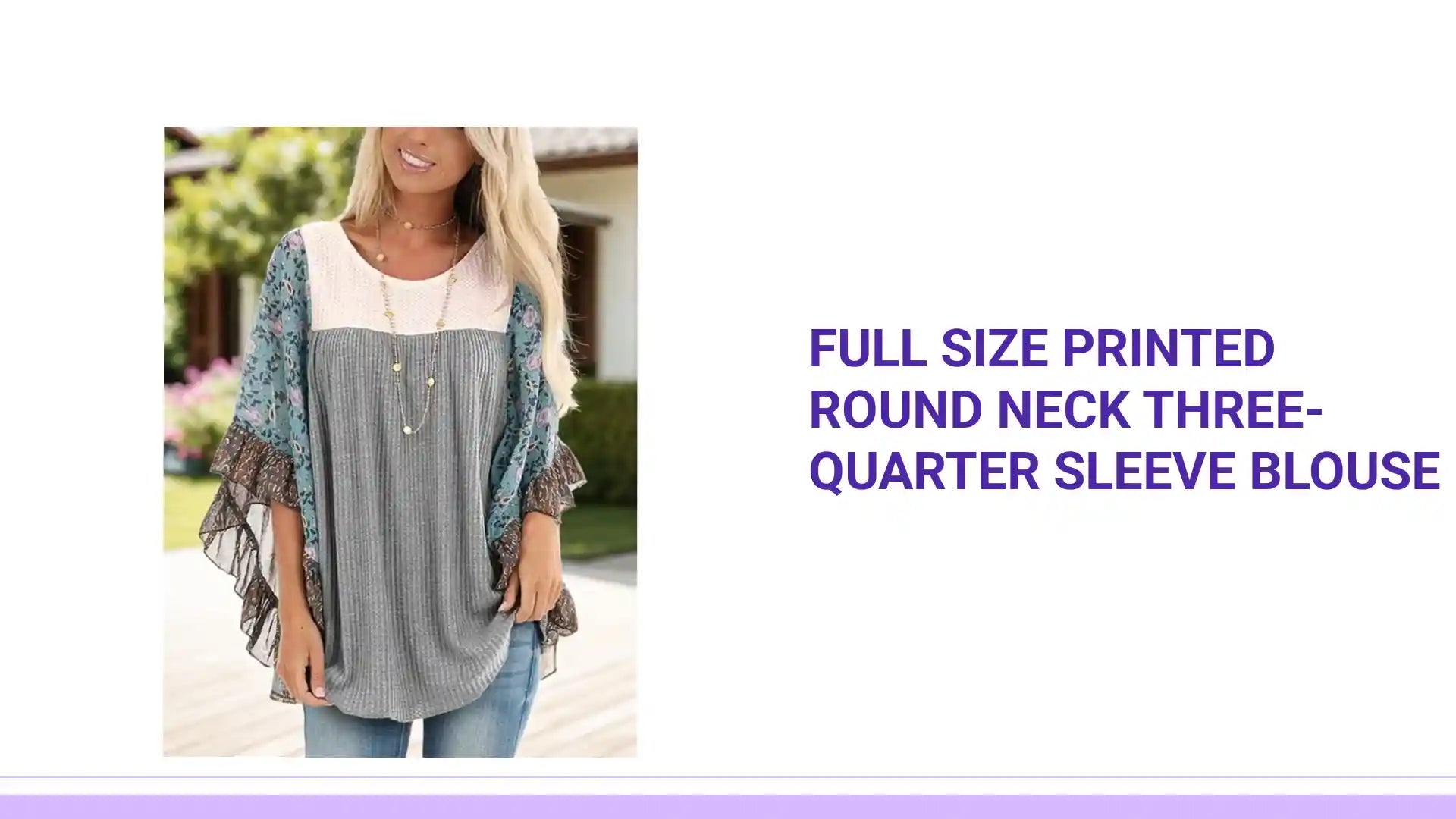 Full Size Printed Round Neck Three-Quarter Sleeve Blouse by@Outfy
