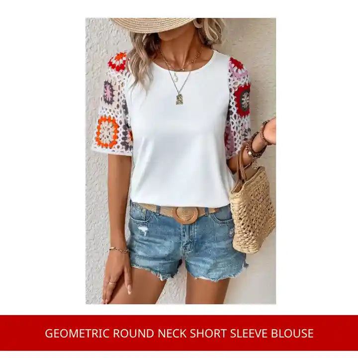 Geometric Round Neck Short Sleeve Blouse by@Outfy