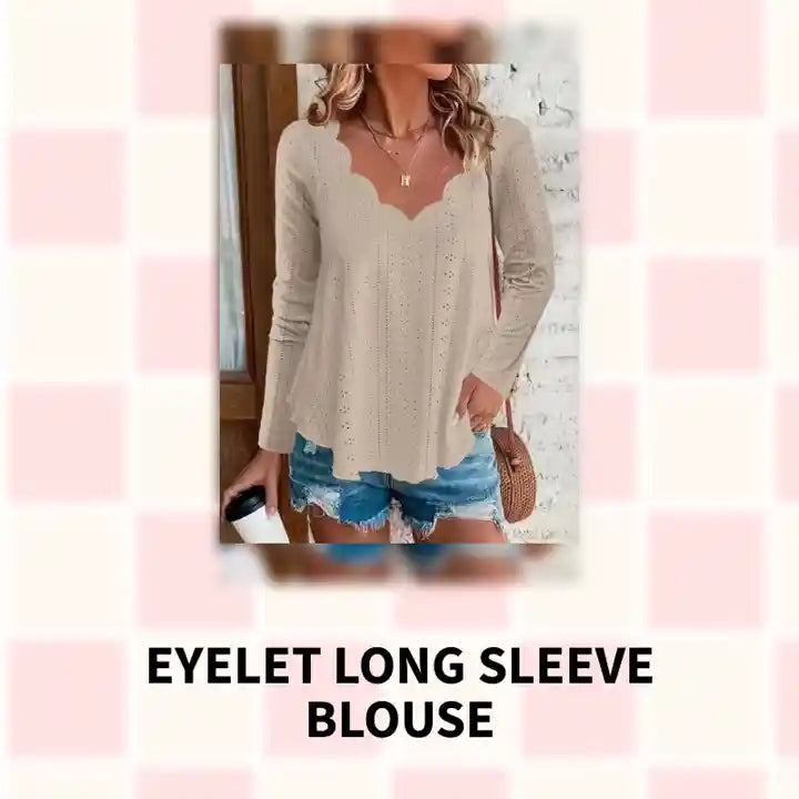 Eyelet Long Sleeve Blouse by@Outfy