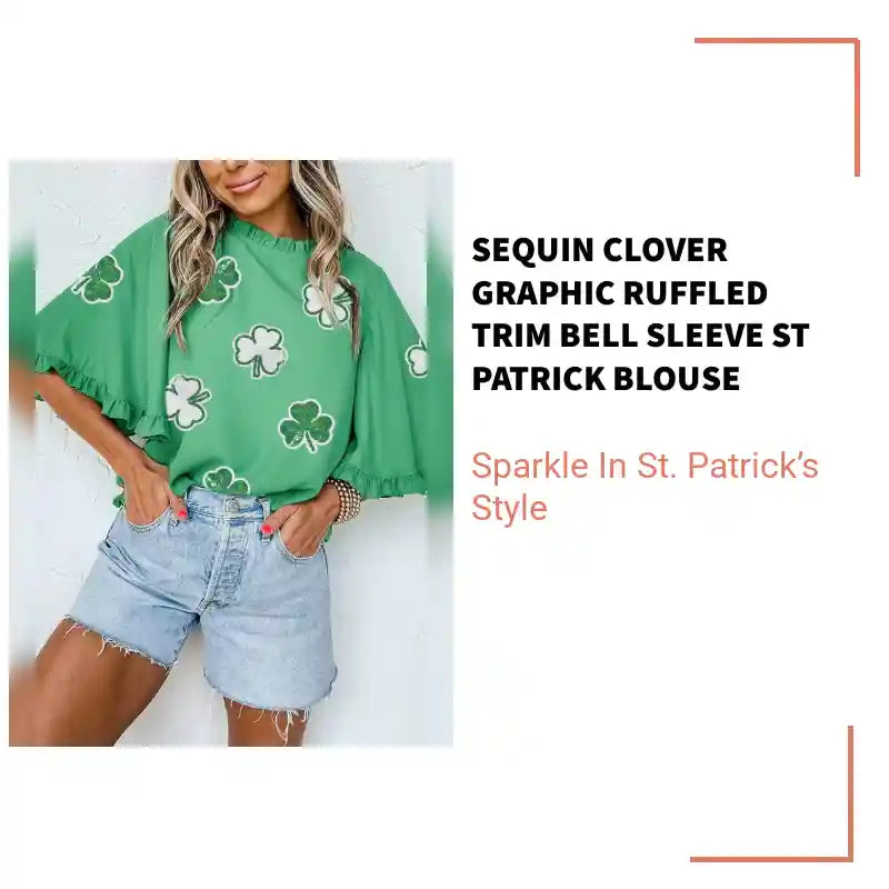 Sequin Clover Graphic Ruffled Trim Bell Sleeve St Patrick Blouse by@Outfy