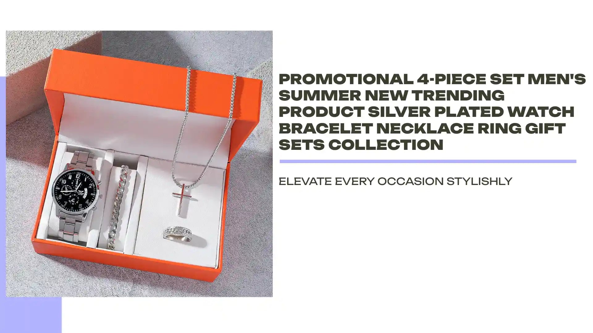Promotional 4-Piece Set Men's Summer New Trending Product Silver Plated Watch Bracelet Necklace Ring Gift Sets Collection by@Outfy