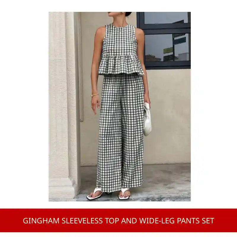 Gingham Sleeveless Top and Wide-Leg Pants Set by@Outfy