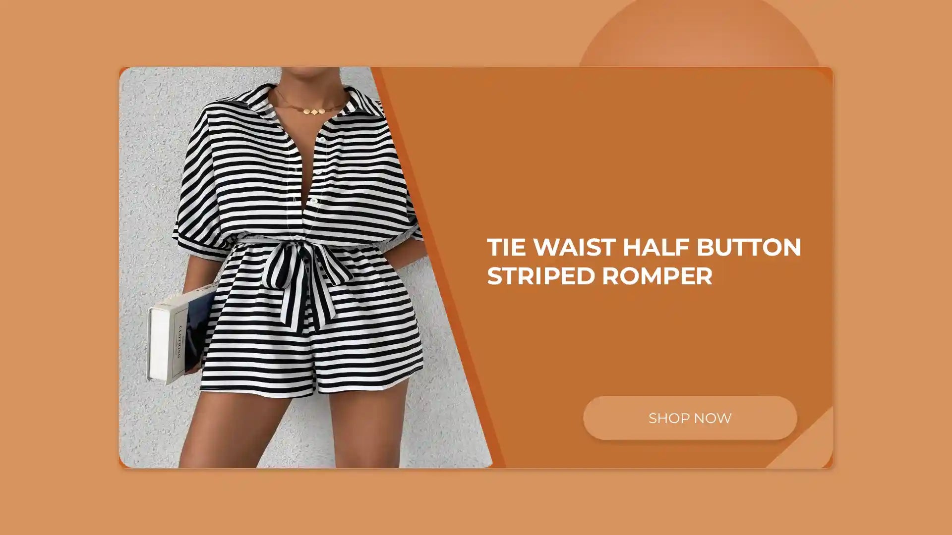 Tie Waist Half Button Striped Romper by@Outfy