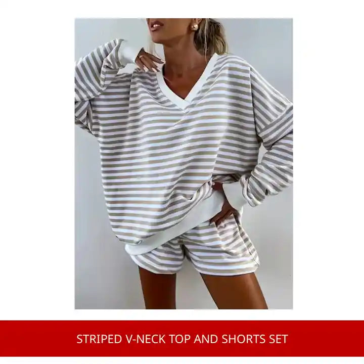 Striped V-Neck Top and Shorts Set by@Outfy