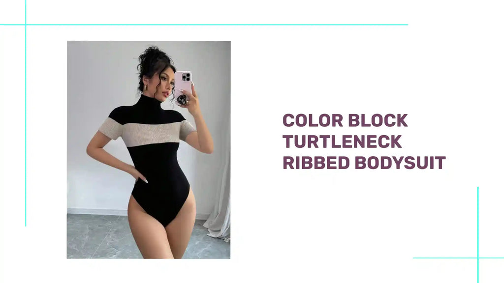 Color Block Turtleneck Ribbed Bodysuit by@Outfy