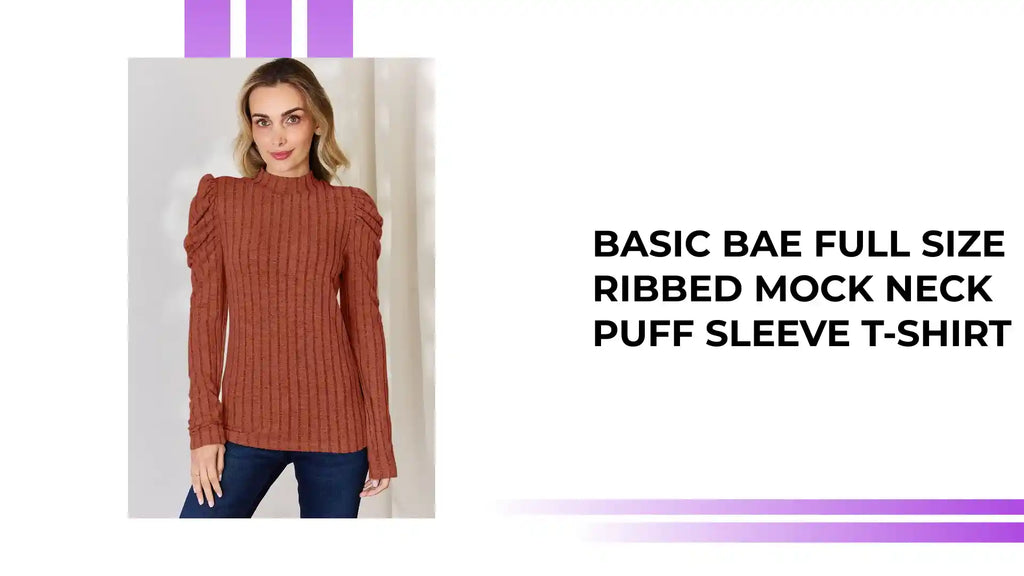 Basic Bae Full Size Ribbed Mock Neck Puff Sleeve T-Shirt by@Outfy